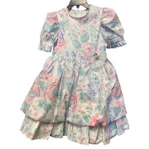 80's Vintage Frilly floral Dress Size 4 Ruffles Puff Sleeve made in USA
